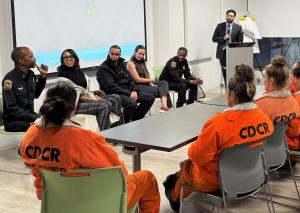 Malibu Conservation Camp participants attending a screening of a firefighting documentary in Los Angeles.