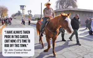 John Bennett on a horse at California Institution for Men with the quote "I've always been proud of this career (but now) it's time to ride off this town."