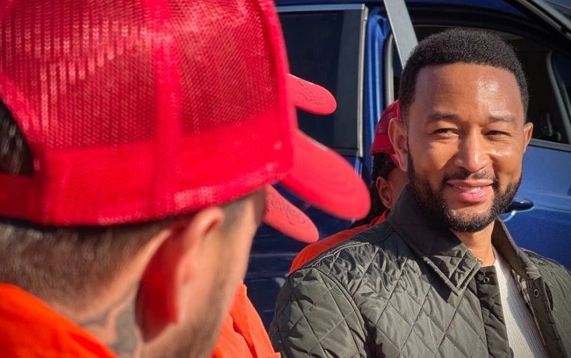 John Legend visits with incarcerated fire crews at the Eaton incident command post.