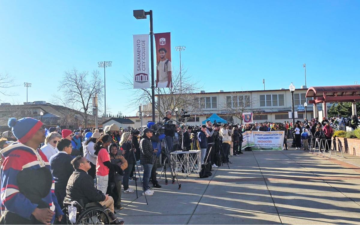 Martin Luther King Day march at Sacramento City College with large group of people.