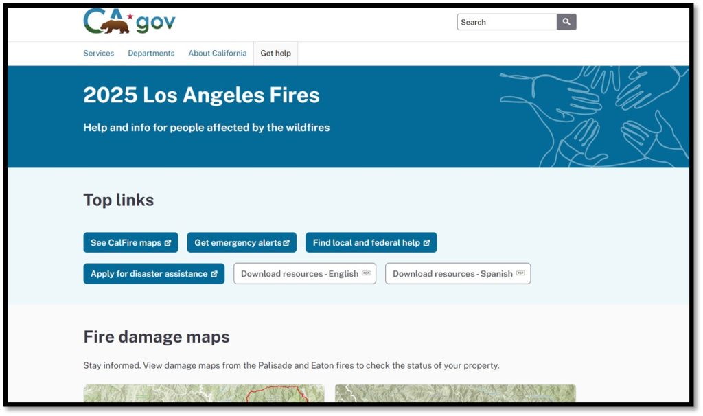 Imagine of website, www.ca.gov/LAfires