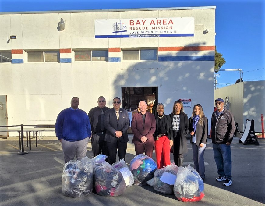 Bay Area Rescue Mission receives donated coats from San Quentin staff.