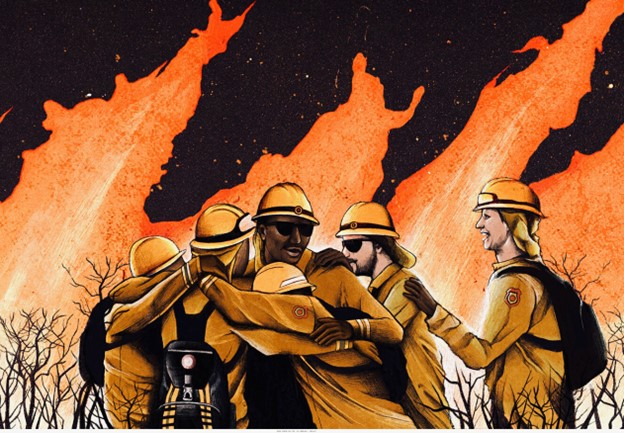 Graphic of firefighters embracing during firefight 