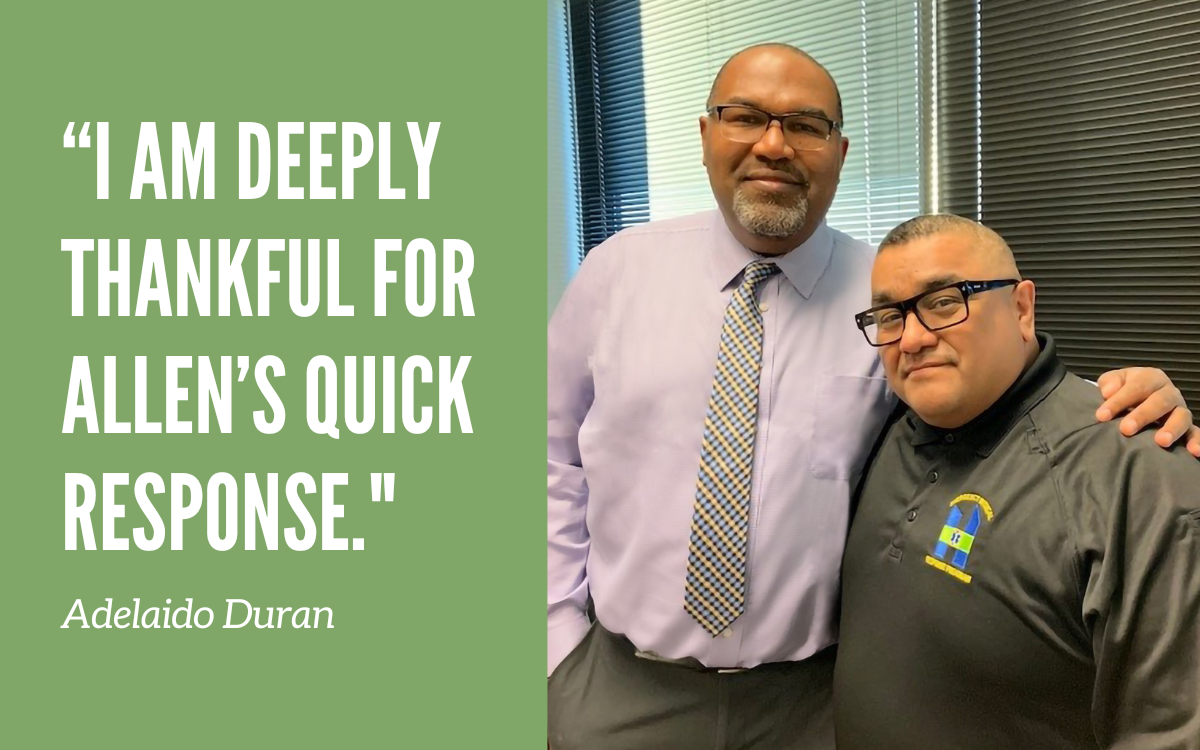 Nurse choking incident with two people and a quote: "I am deeply thankful for Allen's quick response," Adelaido Duran.