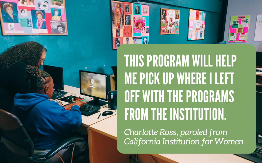 Community Reentry Unit tours female facility in Pomona with the director helping a participant in the computer lab.