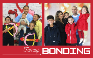 CDCR Valentine's Day visiting 2025 with two photos of families and the words "Family Bonding" with a red background.