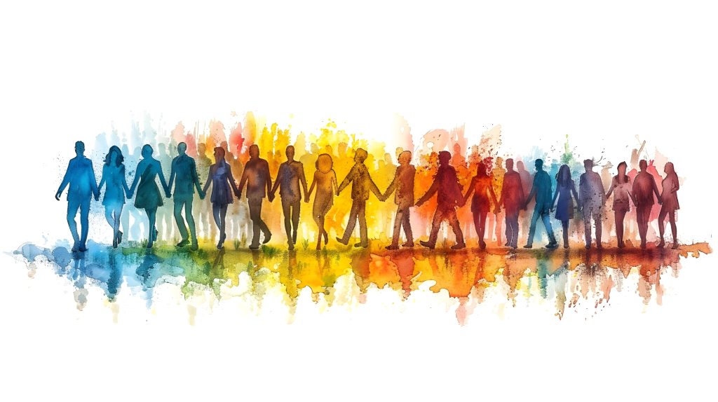 watercolor image depicts a diverse group of silhouetted human figures holding hands symbolizing unity community and mutual support. The intertwined forms are holding hands