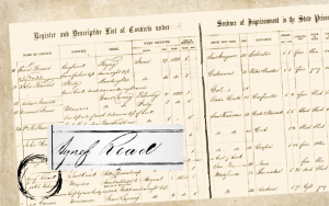 Early California state prison register showing Agnes Read as one of the first women sent to the prison ship, the Waban, in 1852.
