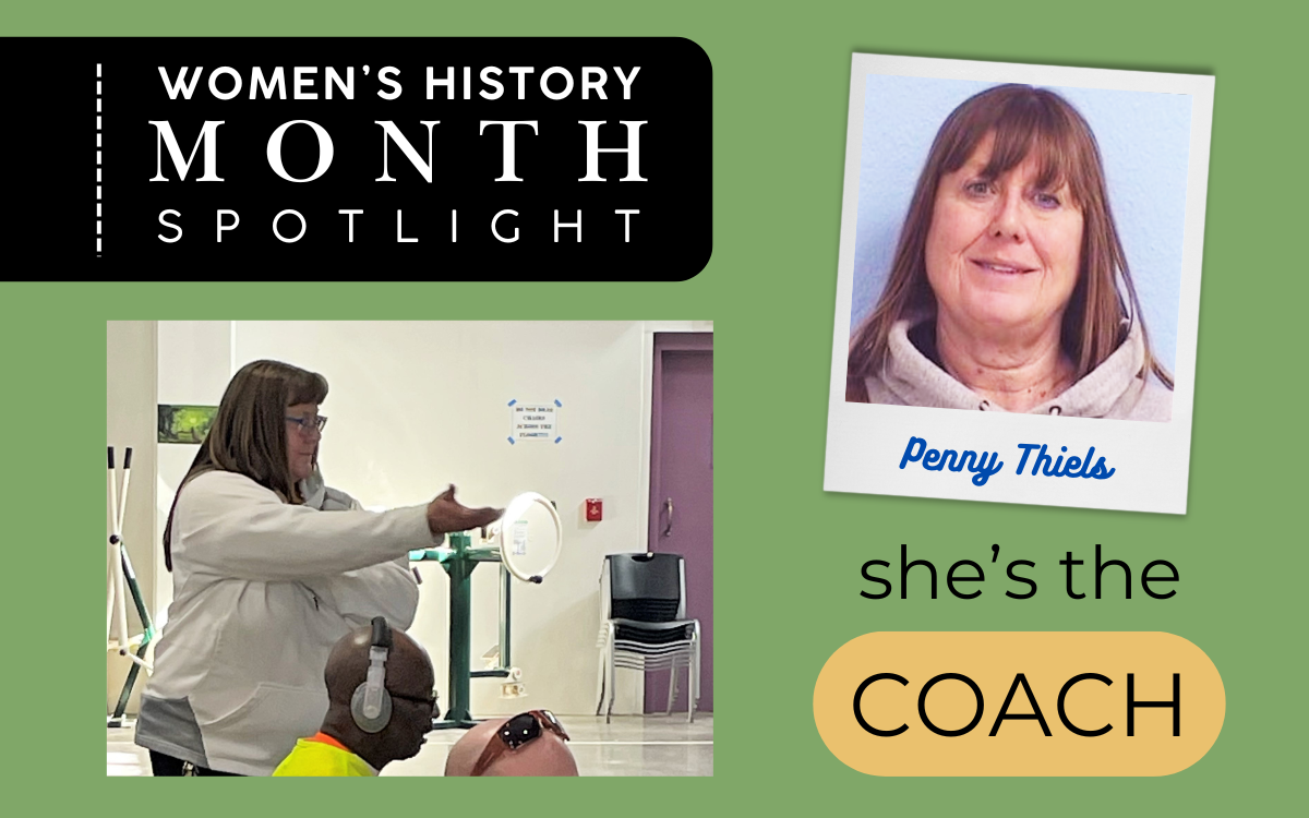 Women's History Month spotlight: She's the coach, Penny Thiels, with a photo of her leading a class and a close-up image of her.