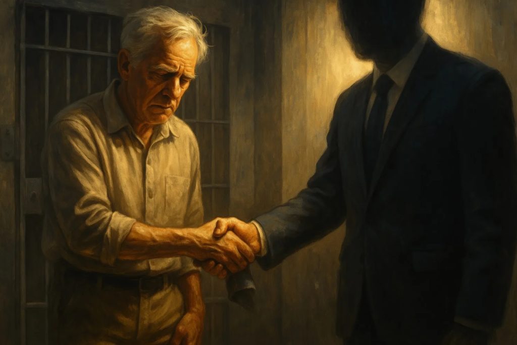 Painted image of older incarcerated person shaking hands with a man in a suit