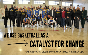 Twining Project with Golden State Warriors at California State Prison, Solano, group photos in a gymnasium. The quote "We use basketball as a catalyst for change" overlays the photo.