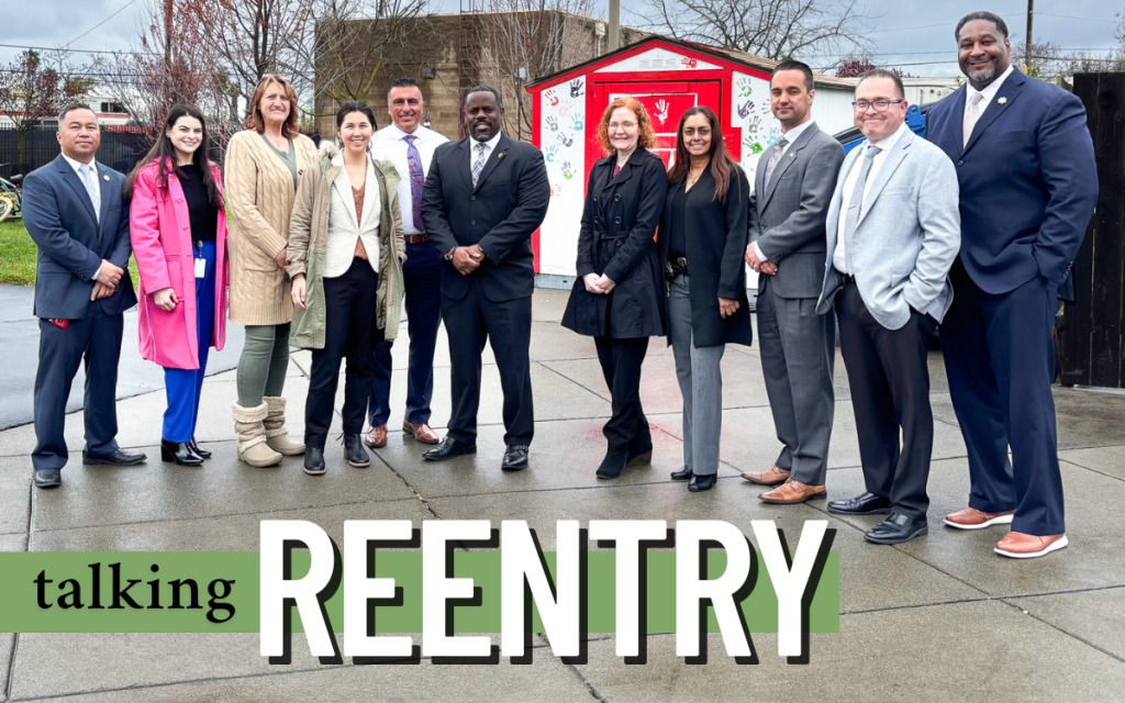 CDCR and parole staff tour FCRP-Sacramento, group photo, with the words "talking reentry" overlying the image.