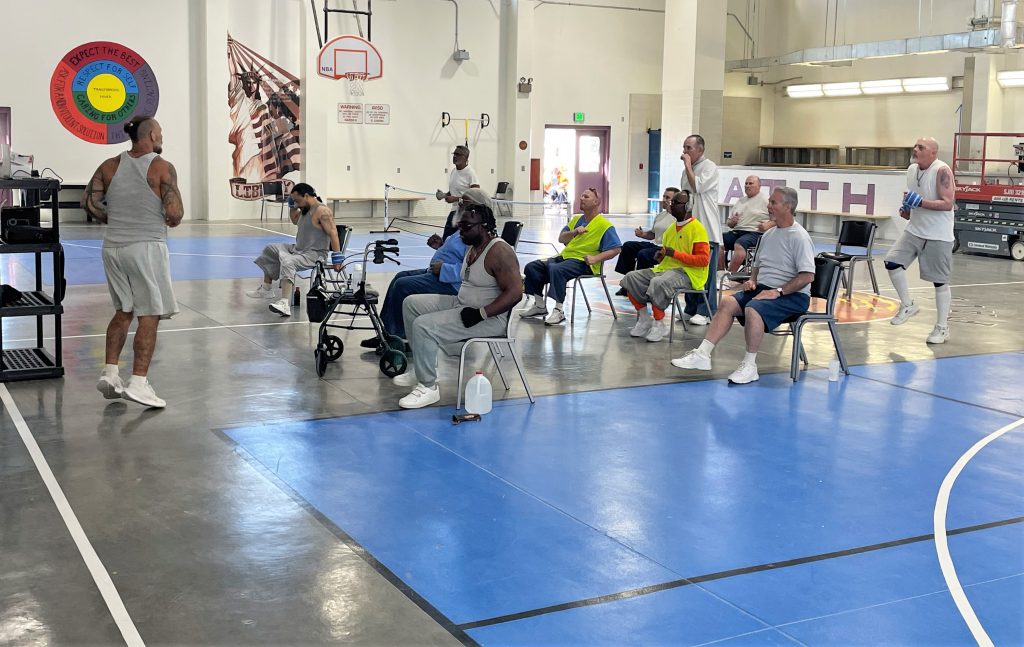 Group doing exercises at High Desert State Prison in Susanville.