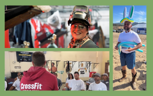 Three photos showing a welding instructor, polar plunging event, and CrossFit trainer.