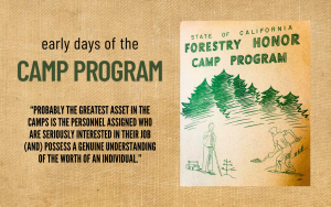 State of California Forestry Honor Camp Program book cover with the words: “Probably the greatest asset in the camps is the personnel assigned who are seriously interested in their job (and) possess a genuine understanding of the worth of an individual.”