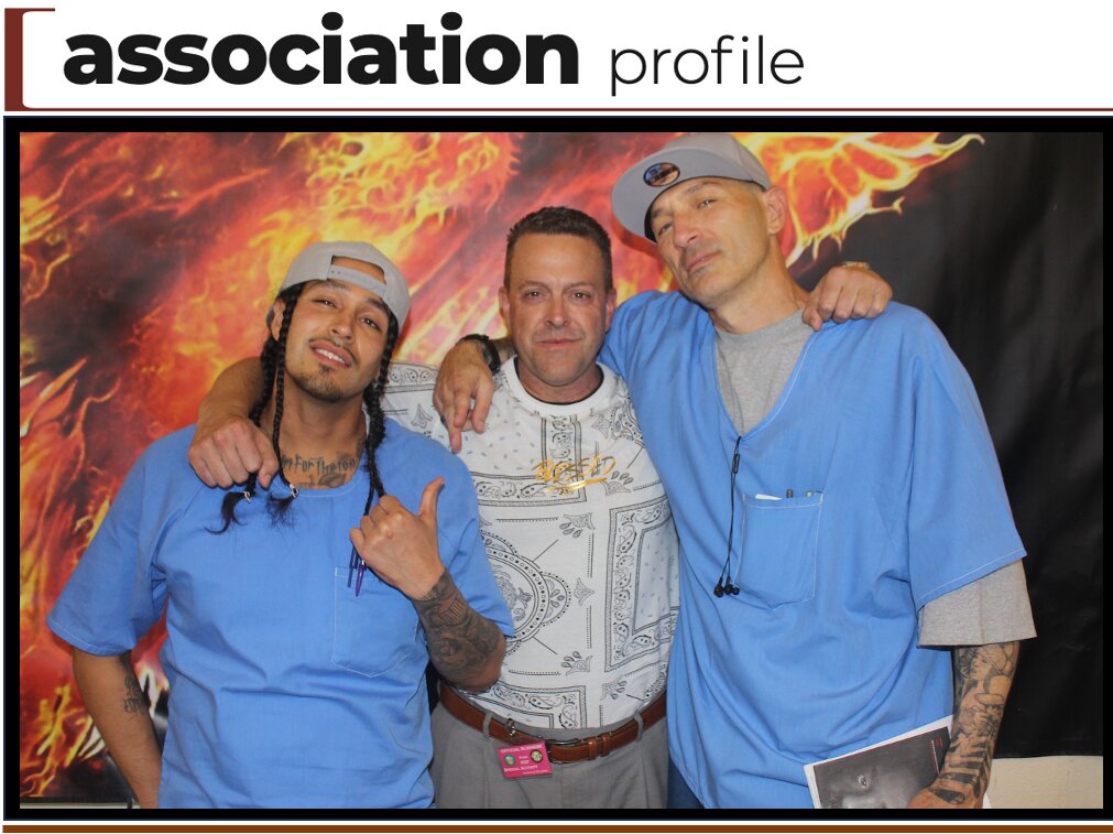 Benjamin Frandsen (center), founder and executive director, Ben Free Project, and The Mundo Press (Mundo) (left) and Ghostwrite Mike (right) at Valley State Prison (California) at the Day of the Redemption event in 2023.