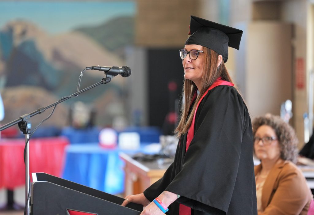 Eileen, a graduate, speaks at the CCWF ceremony.