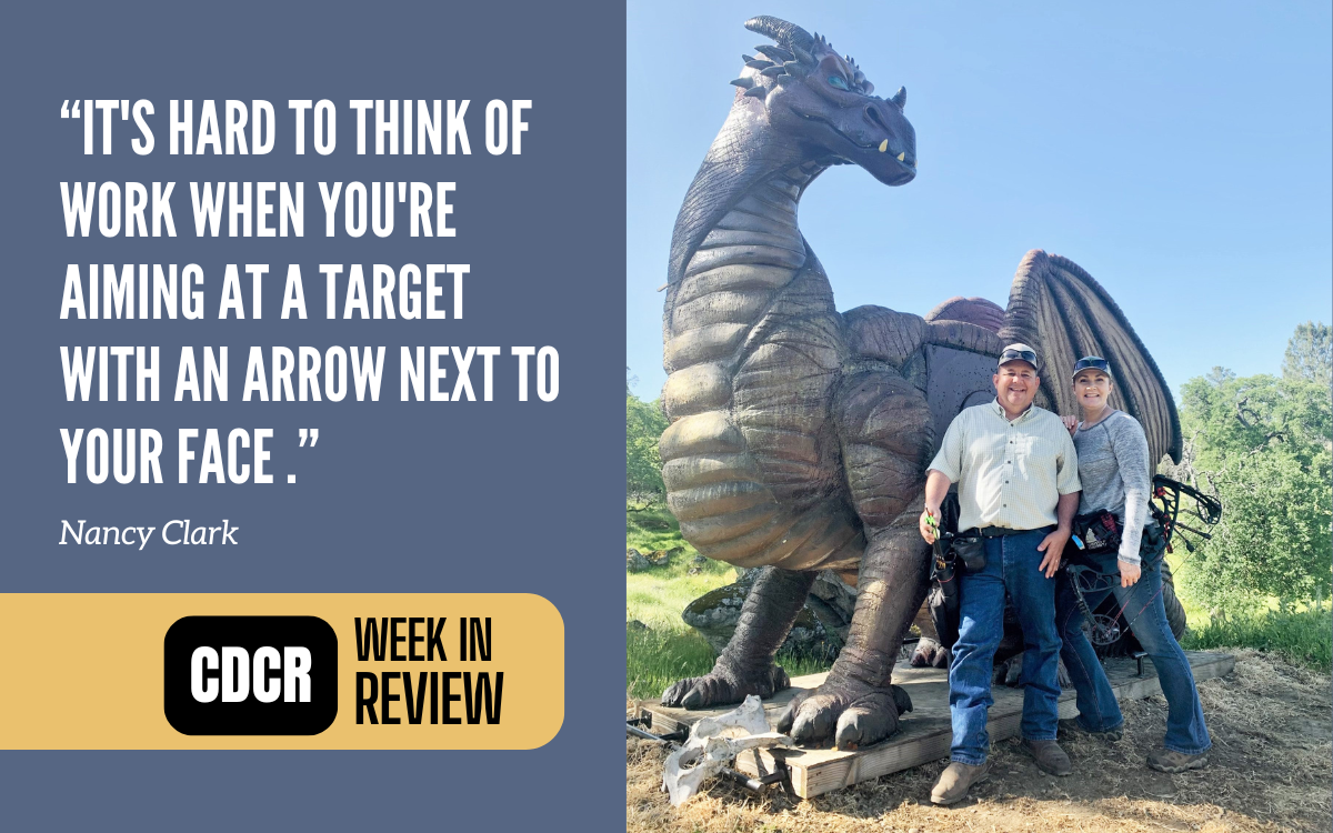 Week in Review April 25, 2025, with a quote and two people holding archery equipment next to a target dragon.