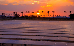CDCR honors Earth Day with major sustainability milestones such as solar and wind power, zero-emission vehicles, water conservation, and green building practices. The photo shows a sunset with solar panels and palm trees in the background at a prison.