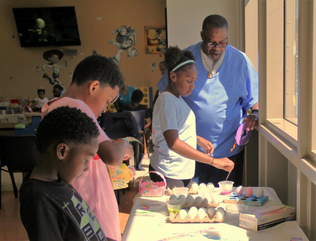 A craft table for Easter visiting at CHCF.