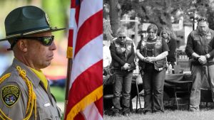 National Crime Victims' Rights Week photo collage with a group of bikers against child abuse and a CDCR honor guard member carrying the American flag at an event.