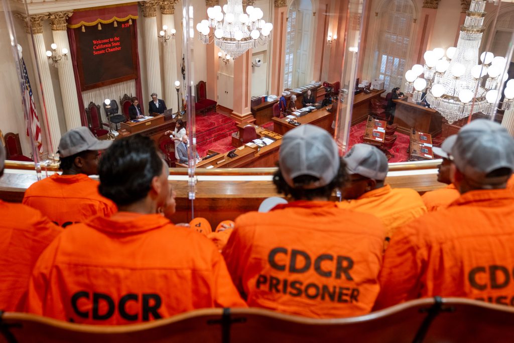 Incarcerated fire crew from Pine Grove Youth Conservation Camp look on while touring the California State Capitol. 