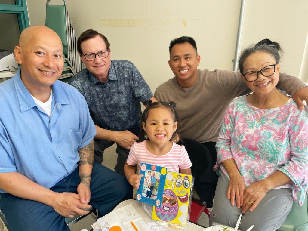 Four people, including one young child, visiting their incarcerated loved one at SATF in Corcoran for Easter.