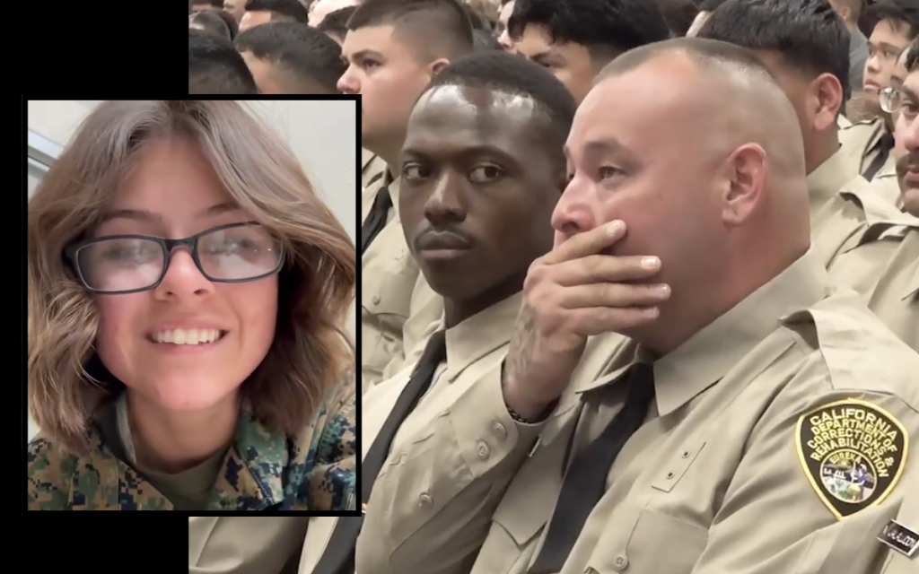 A cadet dad tears up watching a video message from his daughter, a US Marine.