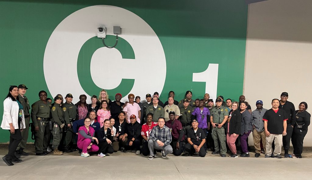 Group photo of staff at California Health Care Facility in Stockton for a staff appreciation event.