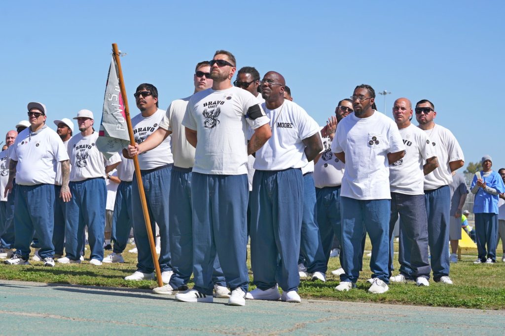 Veterans in formation at CSP-Corcoran for the cancer walks.