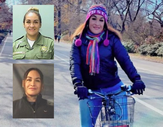 Annie Covarrubias on a bicycle with two other photos of her at work.