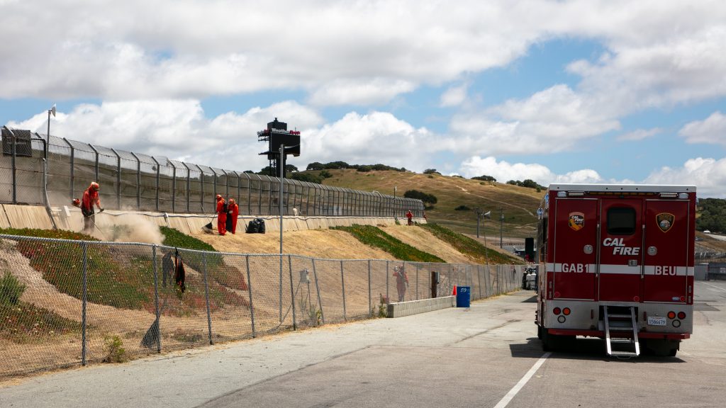 Crews from Gabilan Conservation Camp clear weeds from the Laguna Seca Raceway.
