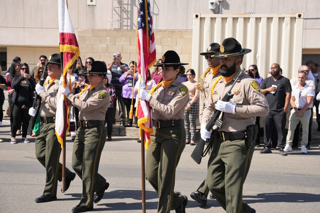 Honor guard opens the staff wellness fair at Valley State Prison in Chowchilla, California.