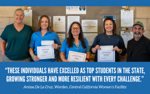 Three CCWF incarcerated students were awarded top scholarships. They are shown with two representatives from Merced College.