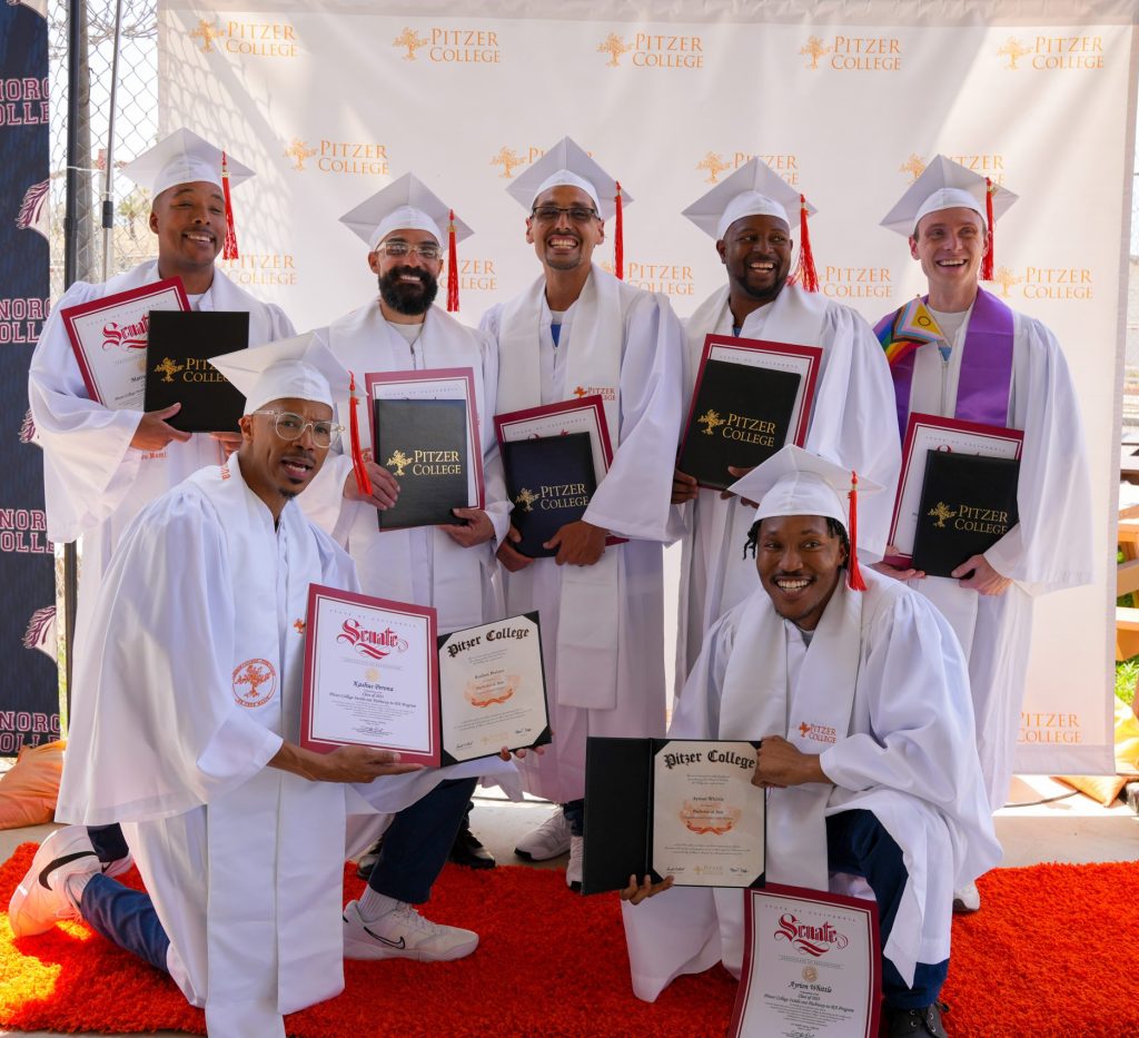 CRC Pitzer College graduates - 7 pictured in cap and gown