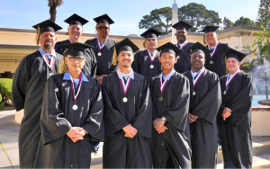 San Quentin Rehabilitation Center with 11 incarcerated people wearing caps and gowns who graduated Mount Tamalpais College, earning associate degrees in liberal arts.