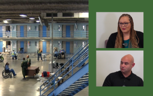 Two people and a prison housing unit.