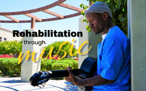 Rebirth of Sound at Valley State Prison with the words "rehabilitation through music" and an incarcerated person holding a guitar.