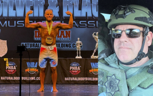 Special Agent Scott Givens wearing his tactical gear and on stage at a bodybuilding competition.