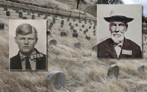 Cemetery Tales with image of Folsom Prison's cemetery and two mugshots of Raymond Blade and Henry Hunt.