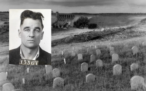 Cemetery Tales, with Folsom prison cemetery and Folsom Dam in the background overlaid with a mugshot of Harry Stewart, 15561.