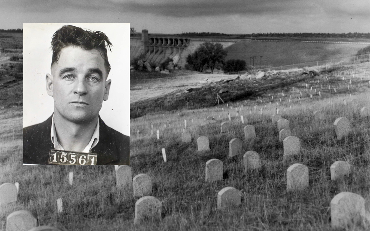 Cemetery Tales, with Folsom prison cemetery and Folsom Dam in the background overlaid with a mugshot of Harry Stewart, 15561.