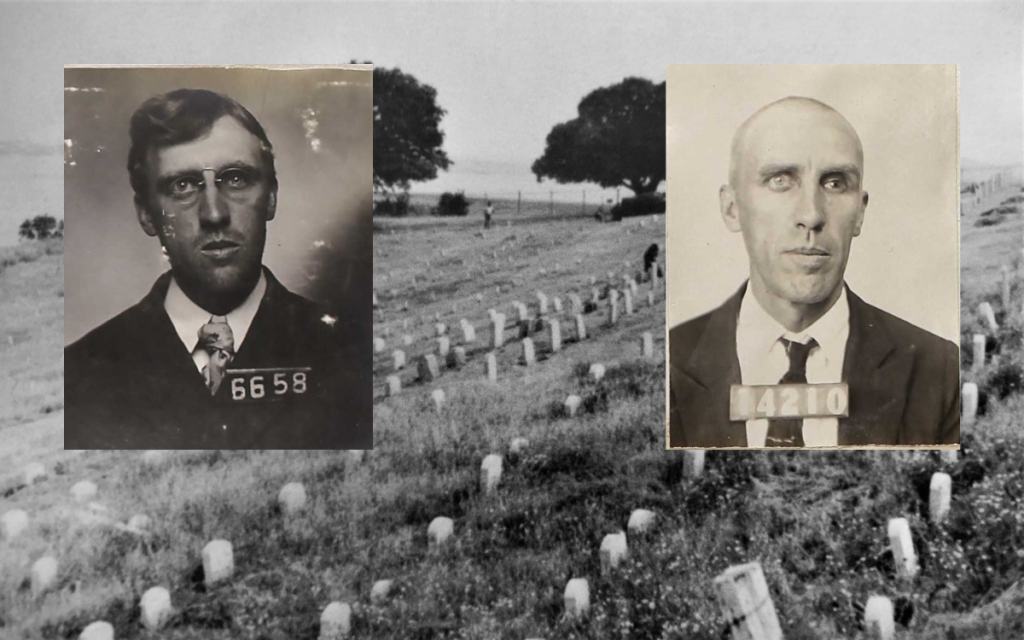JE McKim mugshot from 1907 and 1926 overlaying the Folsom State Prison.