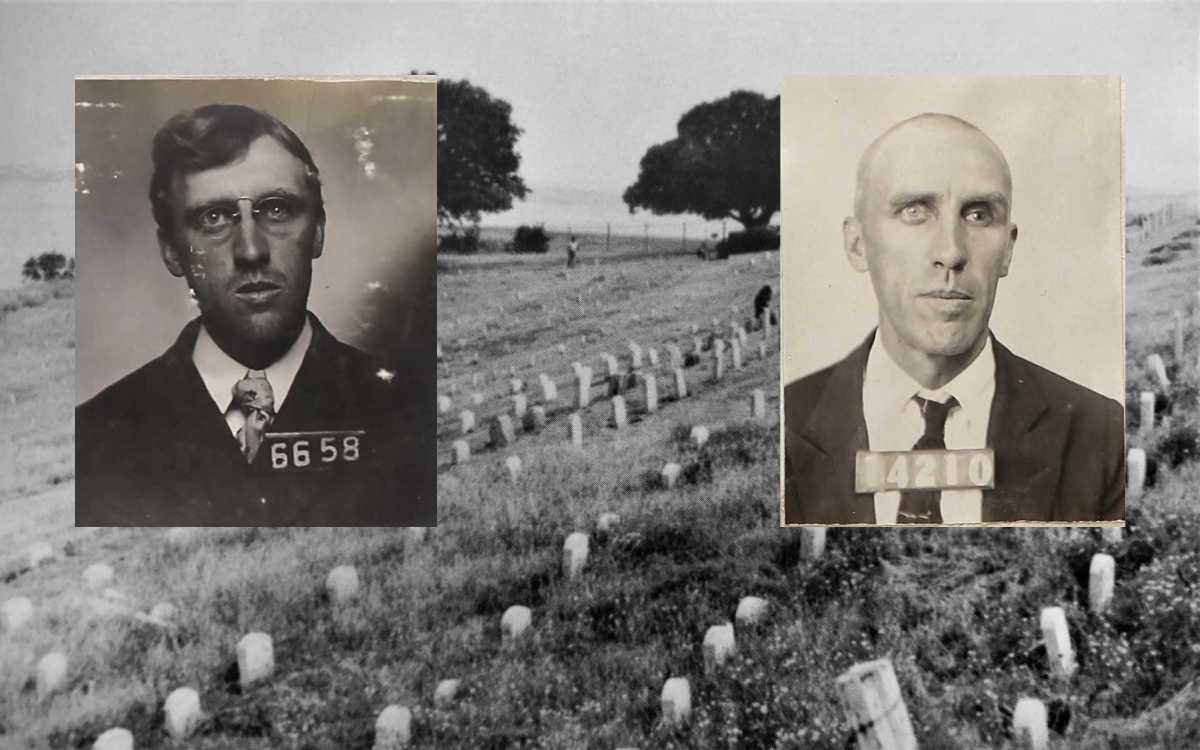 JE McKim mugshot from 1907 and 1926 overlaying the Folsom State Prison.