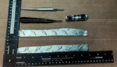 Pieces of metal and manufactured weapons at Pelican Bay State Prison, Crescent City, California. 