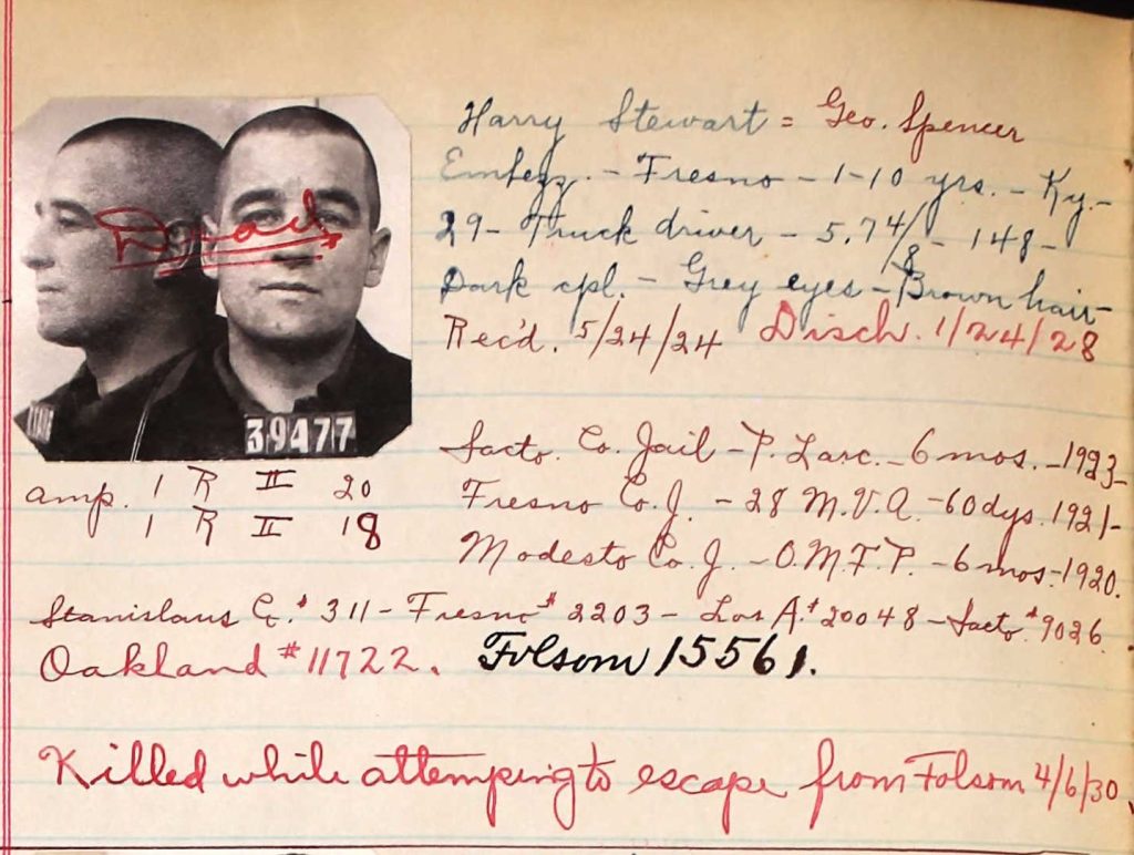 Harry Stewart, aka George Spencer, and his information with the word "dead" written across is photo in the San Quentin prison register.