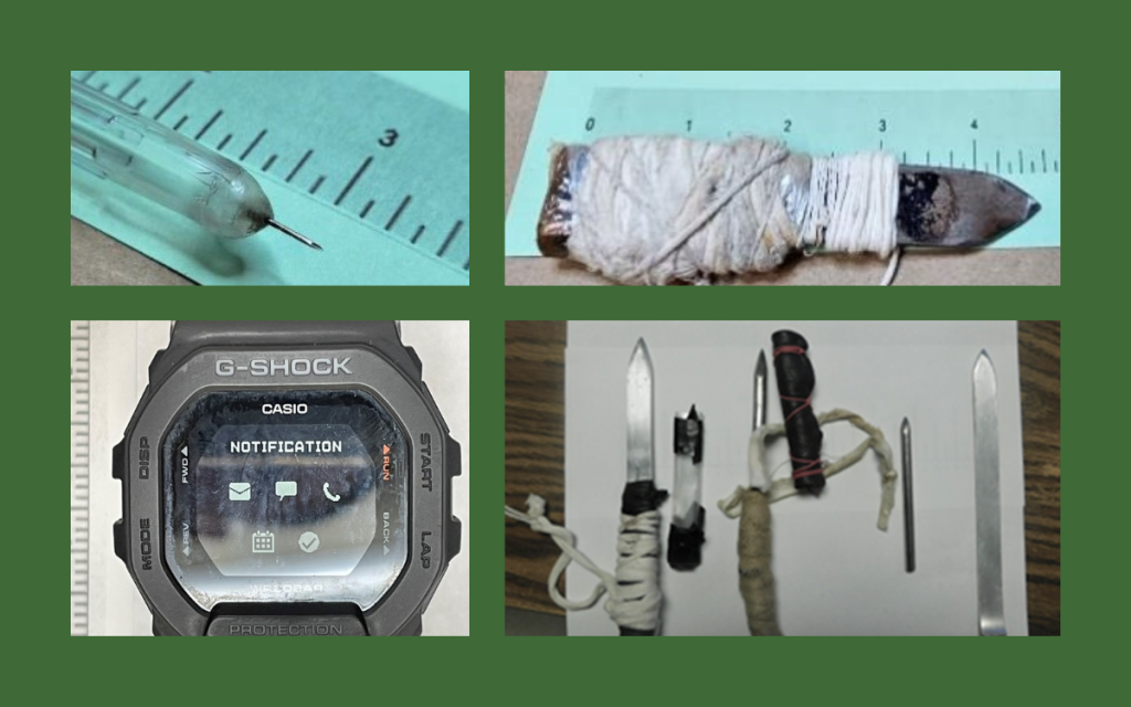 Catching contraband with photos of weapons, drug paraphernalia and a smart watch.