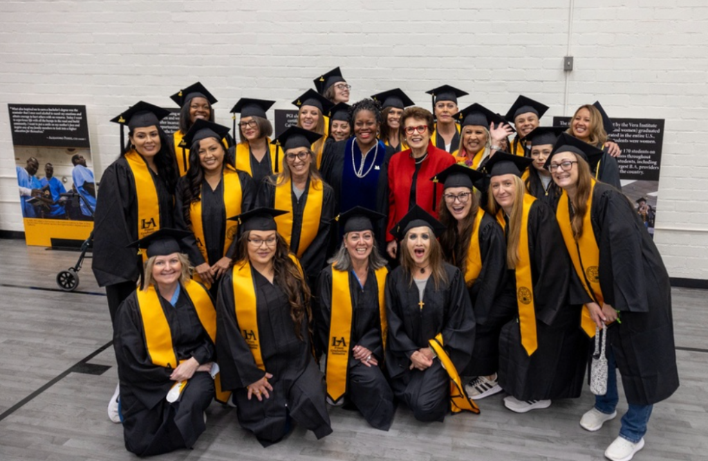 The Prison Graduation Initiative's inaugural cohort at the California Institution for Women in Chino celebrates Commencement with Cal State LA President Berenecea Johnson Eanes and tennis icon and equality champion Billie Jean King. (Credit: J. Emilio Flores/Cal State LA)
