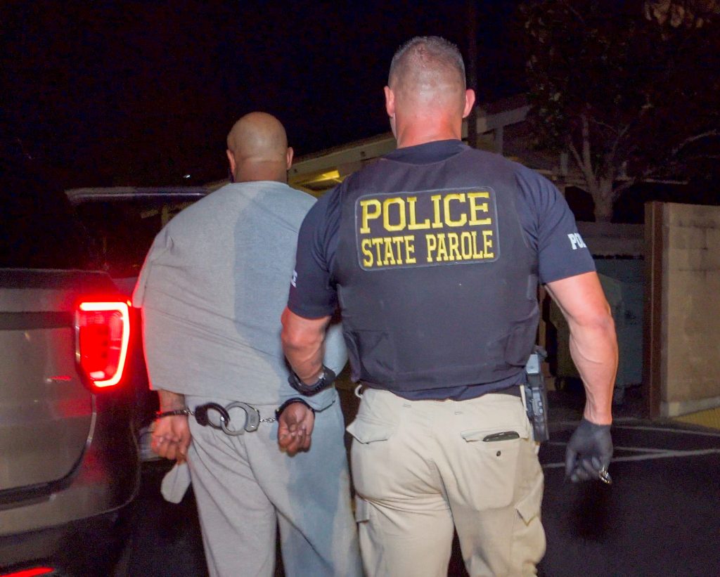 Parole agent with suspect in handcuffs