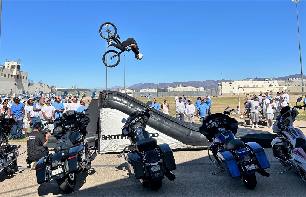 BMX trick rider at the music and motorcycles event at Ironwood State Prison.